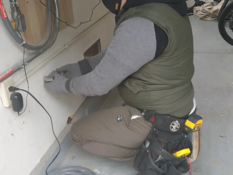 Electrician performing outlet wiring in a Golden garage